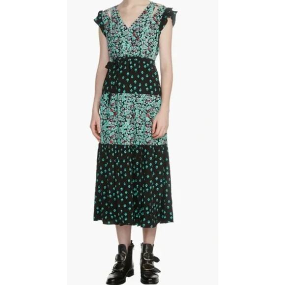 Maje Renoli Mixed Teal Floral Print Midi Dress Large Summer Vacation Wedding - Picture 1 of 14